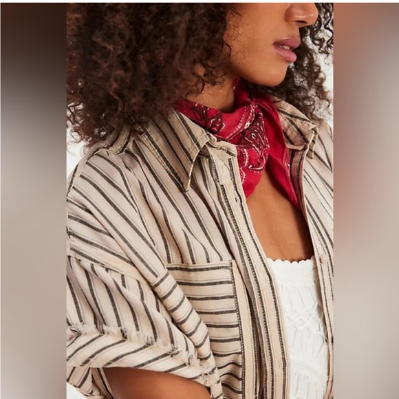 Free People Christopher Linen Shirt oversized tan black classic small new - Picture 4 of 16